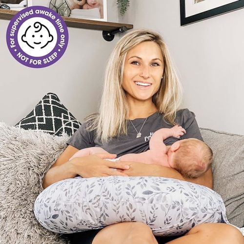 Boppy Nursing Pillow Original Support, Gray Taupe Leaves, Ergonomic Nursing Essentials for Bottle and Breastfeeding, Firm Fiber Fill, with Removable Nursing Pillow Cover, Machine Washable