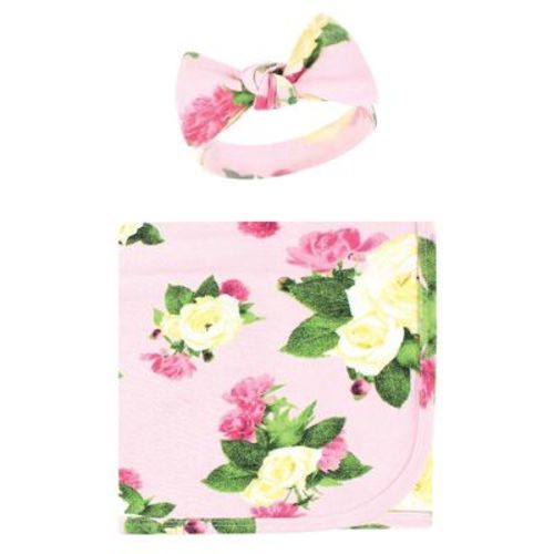 Touched By Nature Infant Girl Organic Cotton Swaddle Blanket And Headband, Rose Peony, 0-6 Months