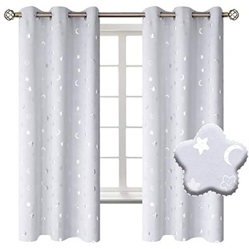 BGment Moon and Stars Blackout Curtains for Kids Bedroom, Grommet Thermal Insulated Room Darkening Printed Nursery Curtains, 2 Panels of 42 x 63 Inch, Greyish White - 42W x 63L