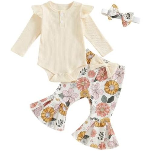 Baby Girl Cute Ruffle Long Sleeve Ribbed Romper Elastic Waist Pants Newborn Infant Fall Winter Outfits