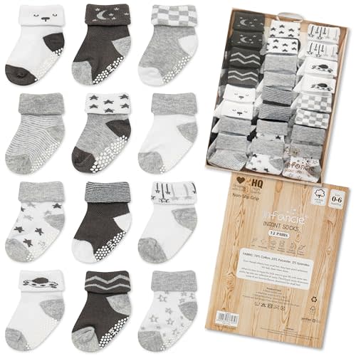 Baby Socks 12 Pairs - Non-Slip Infant Grip for Newborns & Toddlers 0-6 Months, Boys & Girls, Safe for Walking