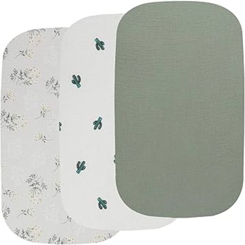 Onacosht Muslin Bassinet Sheets 3 Pack, 100% Cotton Baby Fitted Sheet 33" x 19" Compatible with Mika Micky, KoolaBaby (3 in 1), BabyBond, HARPPA and RICUTON Bedside Bassinet, Green, Floral and Cactus