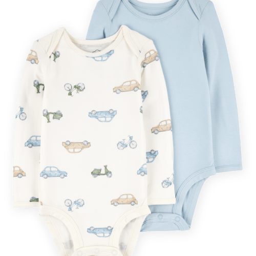 Multi Baby 2-Pack Long-Sleeve PurelySoft Bodysuits - Blue/Ivory | Carter’s Oshkosh Canada