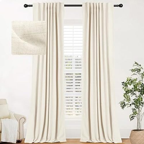 INOVADAY 100% Blackout Curtains for Bedroom, Thermal Black Out Curtains 84 Inch Long, Back Tab/Rod Pocket Linen Blackout Drapes, Room Darkening Drapes for Living Room, 52''W x 84''L, Cream