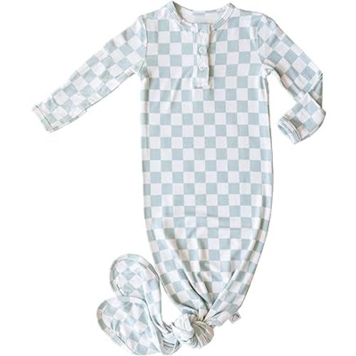 UPTON AVE Checkered Knotted Gown Baby Newborn, Viscose derived from Bamboo, Infant Sleeper with Mittens, Baby Girl, Baby Boy