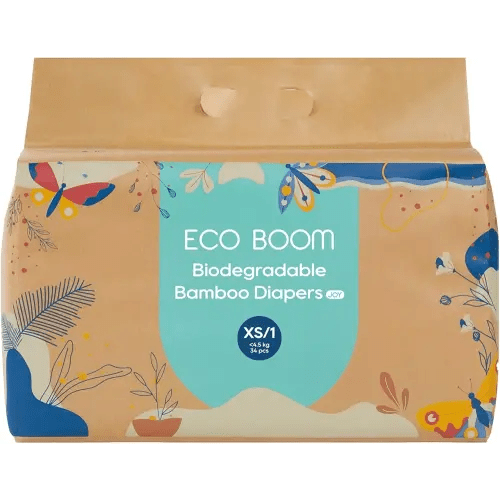 ECO BOOM Size 1 Diapers, Bamboo Viscose Diapers, Sustainable, Paper Packaging