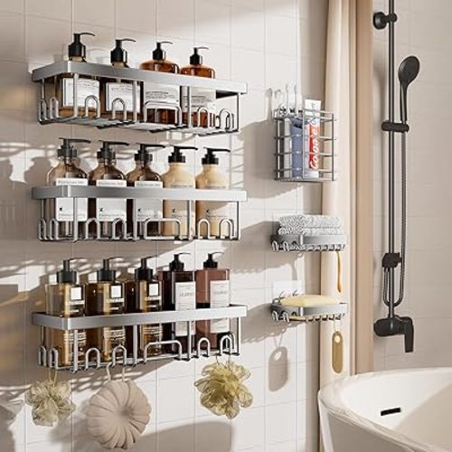 Veken Adhesive Shower Caddy 6-Pack,Heavy Weight Bearing,Large Wall Mounted Shower Shelves Rack,Organizer Storage Accessories with Soap Dish&Toothbrush Holder,Ideal for Bathroom,Home&Kitchen,Silver