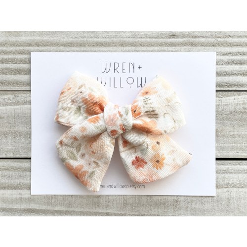 Peachy Floral Pinwheel Bow - Organic Cotton Hair Bow - Floral Gauze Bow - Baby Headband - Girls Clip - Newborn, Baby, Toddler, Girls