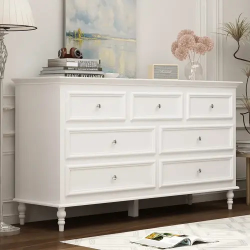 ECACAD Modern Storage Double Dresser with 7 Drawers, Wood Dresser Chest of Drawers with Silver Handles for Bedroom, Living Room, White (55.2”W x 15.7”D x 29.6”H)