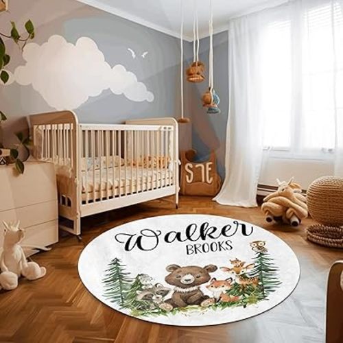 Custom Name Baby Rug - Nursery Mat for Baby Boys & Girls - Tummy Time & Crawling Mat - Round Rugs - Fit Nursery & Bedroom - Woodland Bear Fox (31.5"X31.5")