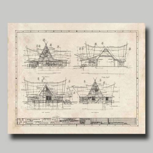 Disney Tiki Room - Blueprint - Disney World - Adventureland - Vintage - Grunge - Black Ink- Print - Poster