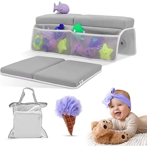 Bath Kneeler and Elbow Rest Pad Set, 1.5" Thick Padding, Non-Slip with Suction Cups, Painless Foldable Foam Kneeling Mat with Toy Storage Pockets, Easy to Clean-Store, Baby Bathtub Accessory