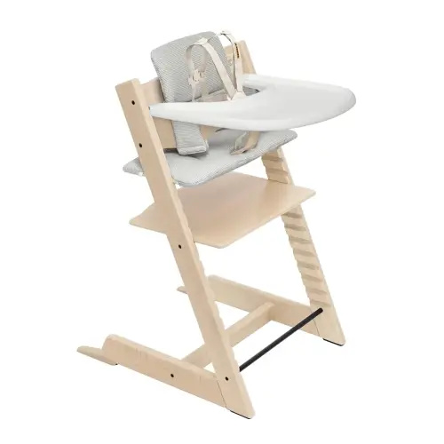 Stokke Tripp Trapp High Chair 2 (Natural), Cushion 2 (Nordic Grey) + Stokke Tray (White) - Includes Chair + Baby Set with Removable Harness for Children 6-36 Months