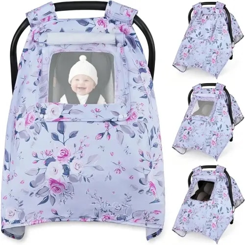 Car Seat Cover Baby, Carseat Covers Baby with 2 Layers Breathable Windows, Windproof Infant Car Seat Cover, Kick-Proof Baby Carrier Cover for Baby Girl Newborn Essentials