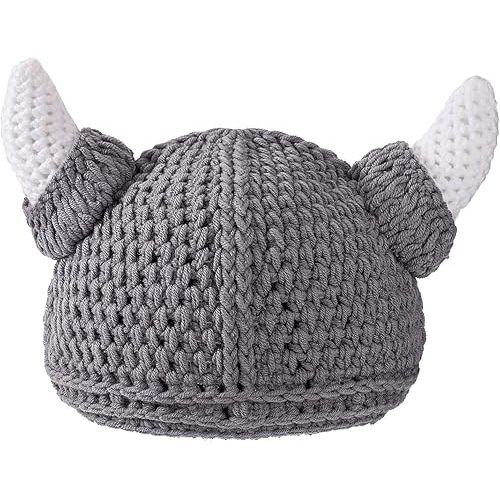 Baby Viking Knit Hat with Horns Barbarian Cute Beanie Hat Adult Crochet Handmade Knitted Cap Gray