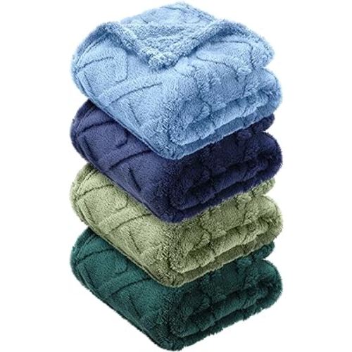VitalCozy 4 Pcs Soft Fleece Baby Blankets Set 30" x 40" 3D Plush Warm Nursery Swaddling Bed Blanket Little Boys Girls Infant Toddlers and Newborn Receiving Gifts Blankets(Blue,Green)