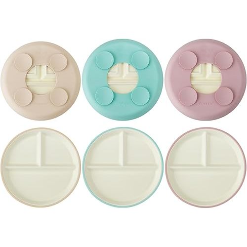 PandaEar 3 Pack Porcelain Toddler Plates with Silicone Sleeves | 7.8" Divided Kids Plates | Microwave & Dishwasher Safe | Non-Slip, BPA-Free (Beige/Mint/Pink)