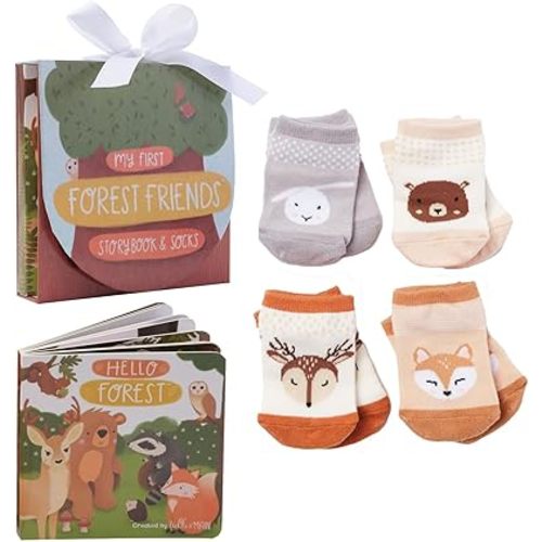 Tickle & Main Woodland Forest Friends Baby Book - 5-Piece Set for Infants 0-12 Months - Includes Storybook and 4 Pairs of Animal Socks - Forest Theme Baby Stuff