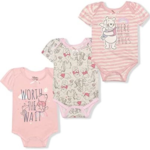 Disney Girls’ Dumbo, Princess Or Winnie The Pooh 3 Pack Bodysuit for Newborn – Pink/Grey or Pink/Green/Grey or Pink/Beige