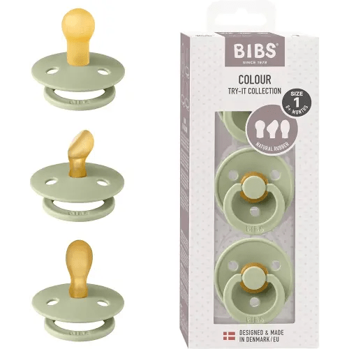 BIBS Pacifiers 0-6 Months | 3-Pack Soothers | BPA-Free Symmetrical Nipple | Made in Denmark | Ivory Try-It Collection (Sage)