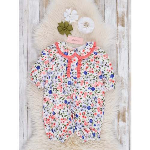 Coral Crazy Daisies Ruffle Romper