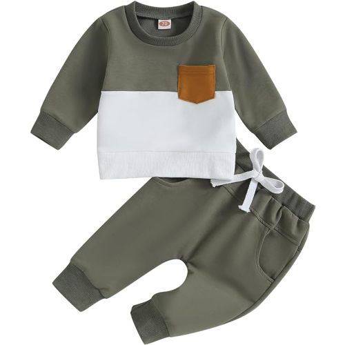 12-18 Months BeQeuewll Fall Winter Toddler Baby Boy Clothes 2Pcs Color Block Crewneck Sweatshirt and Pants Sweatsuit Little Boy Clothing - 12-18 Months - Pocket Army Green