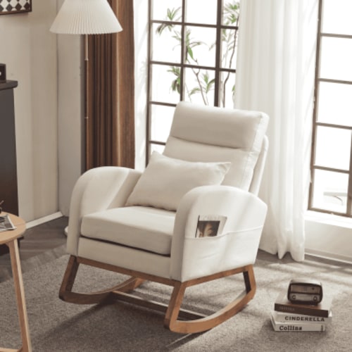 Resenkos Rocking Bedroom Bistro Chairs,Beige Nursery Rocking Chair With Thick Headrest,Modern Nursing Rocker Glider With Curved Armrest