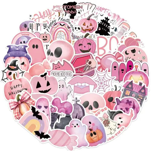 50pcs Pink Halloween Stickers,Pink Ghost and Pumpkin Sticker Kawaii Ghost Style Vinyl Waterproof Holiday Party Stickers, Kids and Youth Adult Party Favors Gifts (Ghost2)