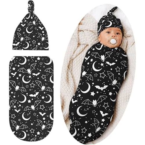 Halloween Goth Baby Stuff Swaddle Blanket Hat Set for Boys Girls, Soft Bat Moon Newborn Sleeping Sack Receiving Blanket Shower Gift