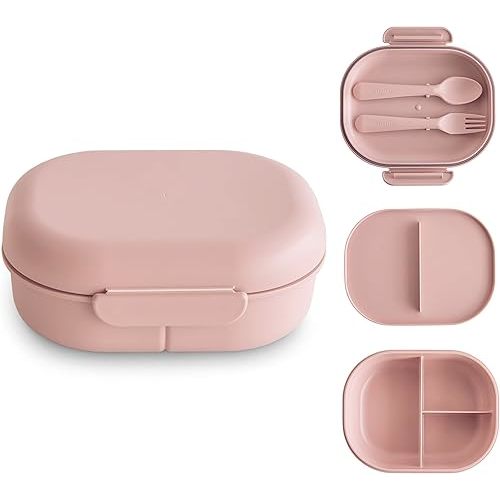mushie Kids Bento Lunch Box | 3-Compartment & Removable Divider + Fork & Spoon Utensils | Great For Meals, School, Snacks On-the-Go | Dishwasher Safe (Blush)