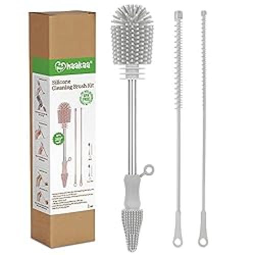 haakaa Silicone Cleaning Brush Kit - SUVA Grey - Bottle Brush for Breast Pumps, Breast Milk Collector, Baby Bottles, Nipples, Breastmilk Storage Bags - Suva Grey