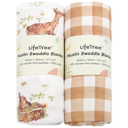 LifeTree Baby Swaddle Blankets, Boys Girls Muslin Swaddling Wrap Receiving Blanket for Newborn, 70% Viscose from Bamboo and 30% Cotton, Large 47" x 47", Deer and Checkered