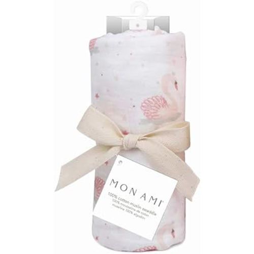MON AMI ‘French Swan’ Cotton Muslin Swaddle Blanket – 47”, Baby Essentials, Neutral Receiving Blanket for Newborns, Baby Swaddle Wraps for Boys,Girls