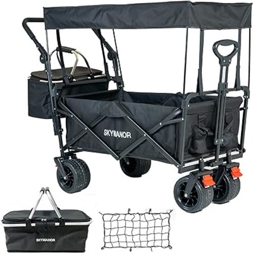 SKYMANOR Collapsible Wagon Folding Garden Cart with Removable Canopy Utility Wagon Cart with All-Terrain Wheels Brake Beach Cart for Sand Heavy Duty Beach Wagon for Camping Shopping (Black)