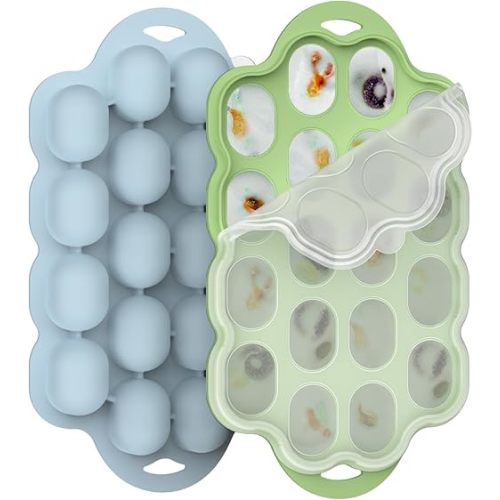 Silicone Baby Food Freezer Tray 2 Pack, Small Ice Cube Trays with Lid for Baby Fruit Food Feeder,Nibble Freezer Tray for Breastmilk Popsicle Mold and Baby Food Storage Container, BPA-Free