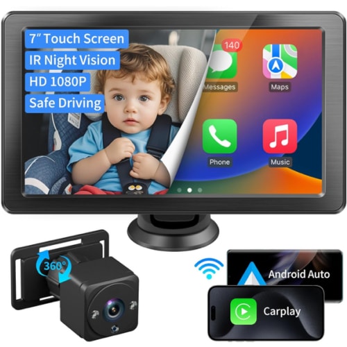 7" HD Touchscreen Baby Car Camera - Car Baby Monitor with Apple CarPlay, 1080p Ultra Night Vision, Invisible Infrared Lights, 150° Wide Angle, Easy Installation, Fits Most Cars