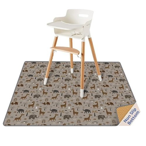Baby Splat Mat for Under High Chair, 51 x 51 Inch Splash Mat, Waterproof and Washable Spill Mat, Anti-Slip Floor Protector, Elephant&Giraffe - Elephant&giraffe