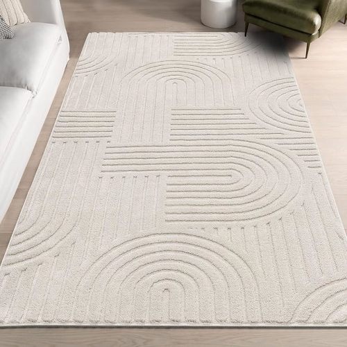 SHACOS Soft Fluffy Arch Pattern Area Rug 2'7"x5' Non Slip Washable Minimalist Modern High-Low Geometric Carpet for Living Room Kitchen Bedroom Bathroom, Beige