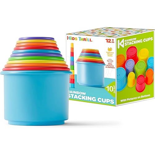KIDSTHRILL Rainbow Colors Baby Stacking Cups for Toddlers, Tall Baby Stacking Toys Nesting Cups, Drain Holes for Bath Toys, Educational & Motor Skills Sorting & Nesting Toys for 1 2 3 Years Old