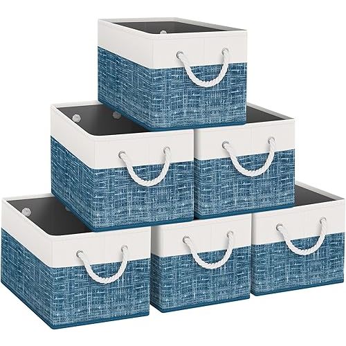 Fab totes Storage Bins [6-Pack], Foldable Storage Baskets for Organizing Toys, Books, Shelves, Closet, Large Storage Box with Rope Handles, Sturdy Organizer Bins, White & Blue