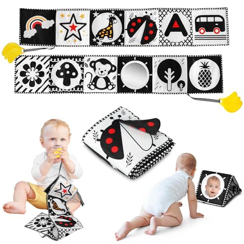 melican Black and White High Contrast Baby Toys 0-6 6-12 Months, Soft Book with Teether, Newborn Infants Tummy Time Toys, 0-3 3-6 Month Sensory Visual Stimulation, Montessori Learning Essentials
