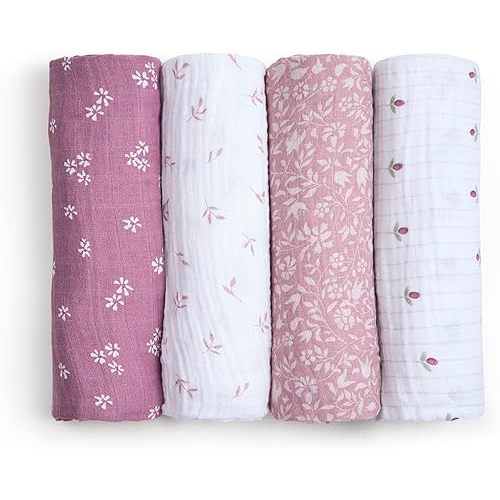 aden + anais 100% Organic Cotton Muslin Swaddle, Breathable Baby Blanket, Ideal for Boys, Girls, Newborns, Babies & Infants, Receiving Blanket, Lightweight Wrap, 4 Pack, Heritage Floral