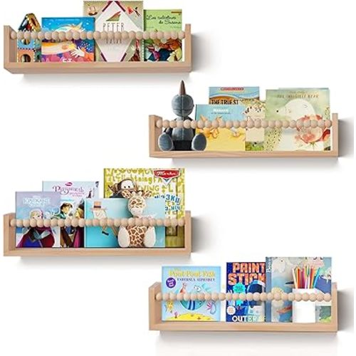 Nursery Book Shelves Set of 4,Wood Floating Nursery Shelves for Wall,Wall Bookshelves for Kids(Set of 4 Natural)
