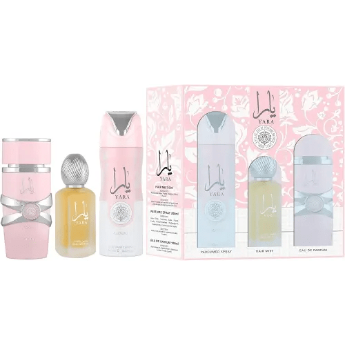 Lattafa Yara for Women 3 Piece Set (3.4 Oz Eau de Parfum Spray + 1.7 Oz Hair Mist + 6.7 Oz Deodorant Spray)
