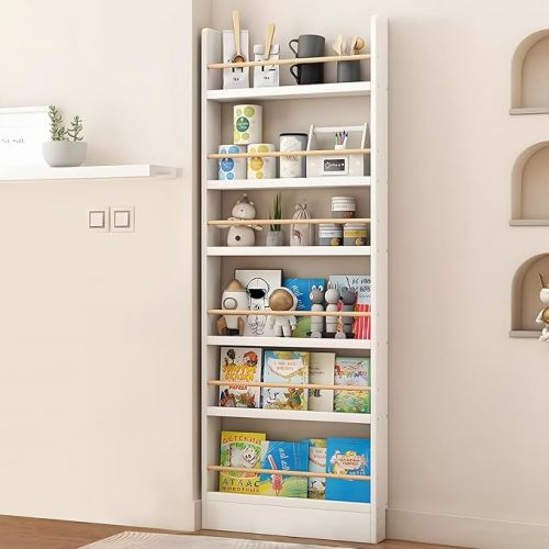 Book Shelf, Behind The Door Bookshelf, 3/4/5/6-Tier Behind The Door Shelf, Solid Wood Bookcase, Narrow Bookshelf for Kids, Space Saving, Book/Toy Organizer for Bedroom/Living Room/Office