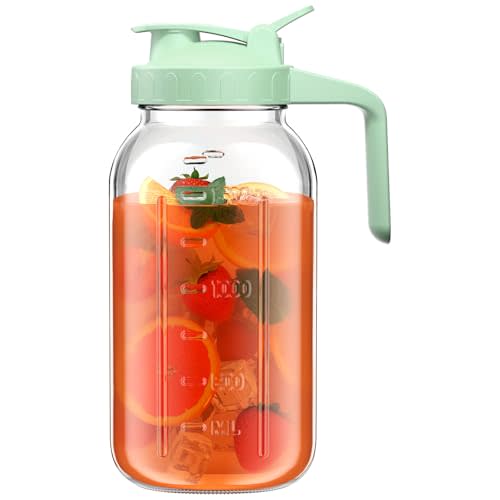 64 oz Glass Pitcher with Lid, Large Wide Mouth Mason Jar with Pour Spout, Green Sun Tea Glass Jar for Outside, Drink Pitcher Great for Drink, Cold Beverages and Breast Milk