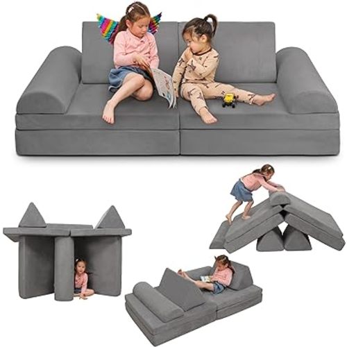 Play Couch Sofa for Kids Large Size, Modular Kids Play Couch, Kids Couch Building Fort for Playroom Bedroom, Children Convertible Foam Cushion Couch for Boys and Girls, Grey