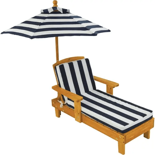 KidKraft Outdoor Wooden Chaise Lounge, Backyard Furniture Chair with Umbrella and Cushion, for Kids or Pets, Navy and White Striped Fabric