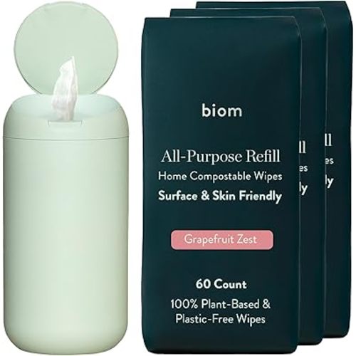 Dispenser + All-Purpose Wipes Starter Kit - Non-Toxic Cleaning Wipes | Biodegradable Plant-Based Surface Cleaner for Home & Travel | Kid & Pet Friendly, All Natural (Sea Foam)