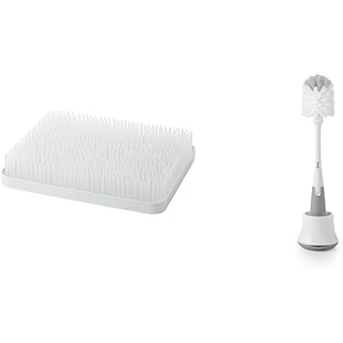 Boon Lawn Countertop Drying Rack,White, 13.5x11x2.5 Inch (Pack of 1) & OXO Tot Bottle Brush with Nipple Cleaner and Stand - Gray - Drying Rack + Bottle Brush, Gray